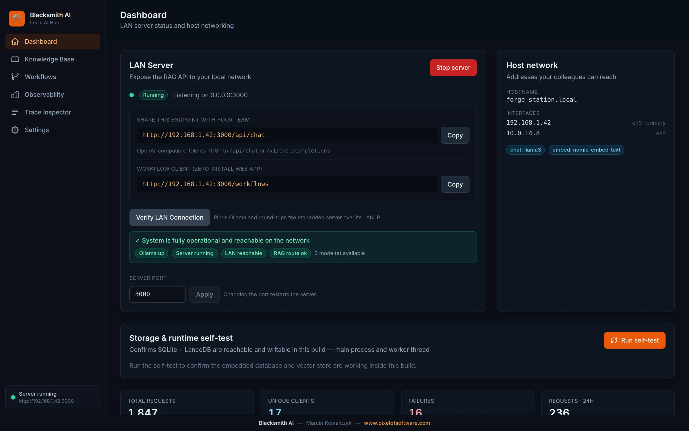 Panel główny Blacksmith AI — działający serwer LAN, udostępniany adres i telemetria na żywo