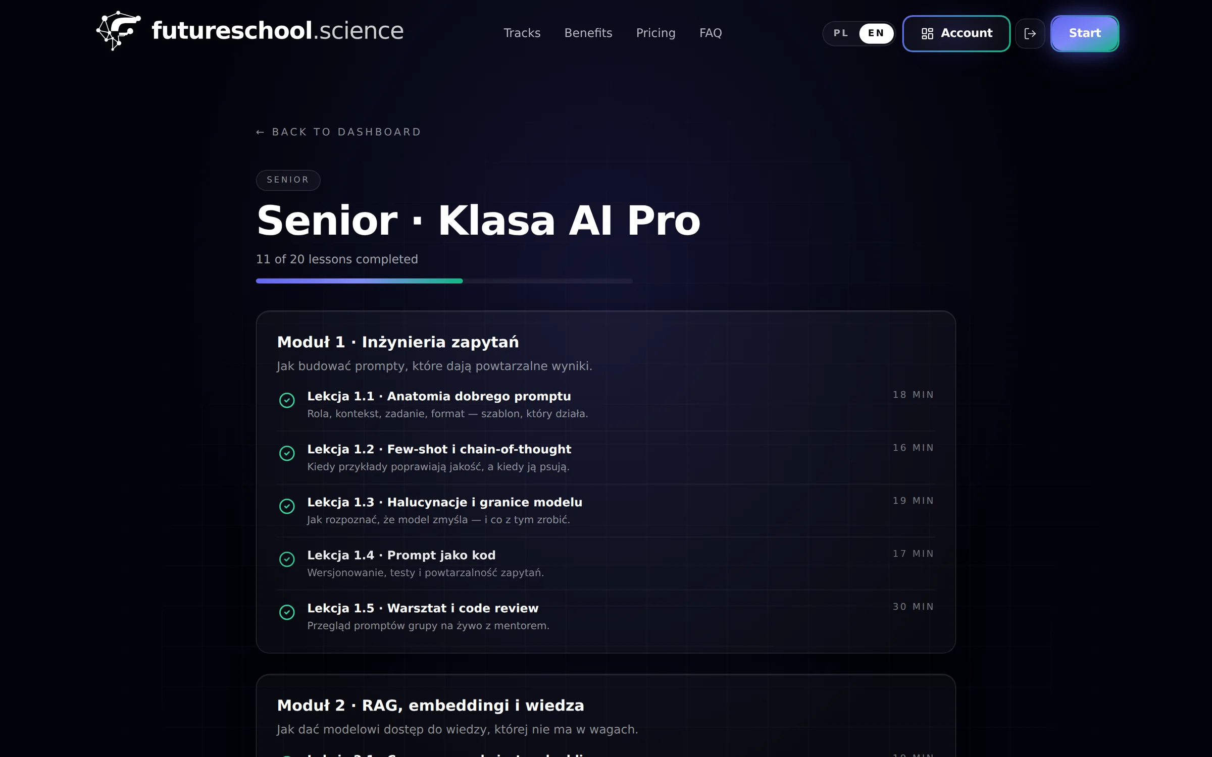 Program kursu Senior · Klasa AI Pro w Szkole Przyszłości — pasek postępu „11 z 20 lekcji ukończonych” oraz moduły z odhaczonymi lekcjami i czasem trwania